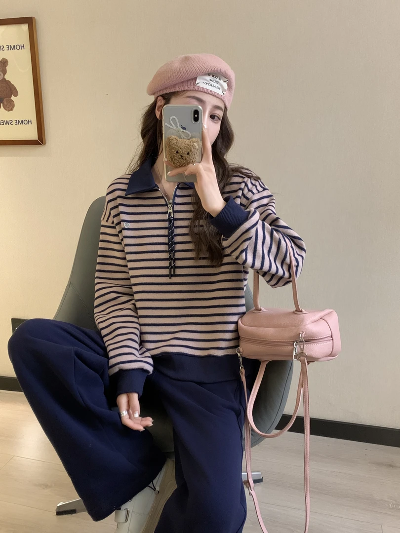 【条纹双面拉毛Polo半拉链】秋冬款条纹撞色卫衣半拉链彩绳上衣