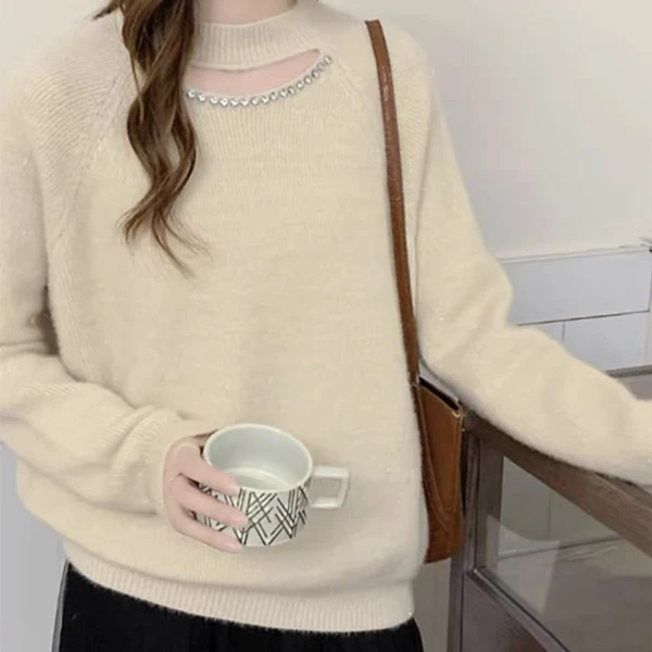 韩版重工钉珠镂空加厚针织衫秋冬季舒适气质打底衫长袖套头毛衣