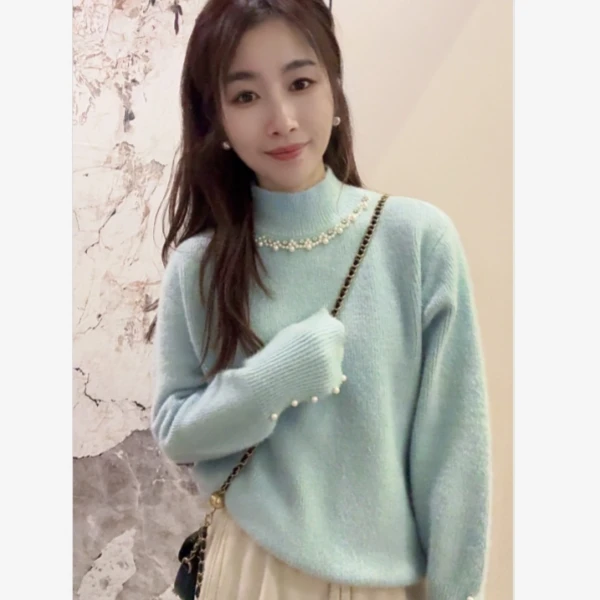 不起球法式设计感钉珠长袖针织衫女2025韩版百搭加厚洋气显瘦毛衣