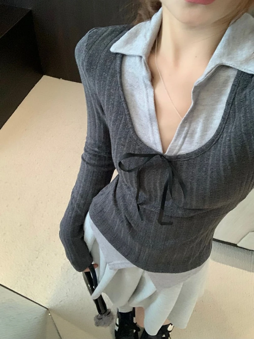 美式polo领长袖假两件针织衫女秋季新款修身短款气质外穿拼接上衣