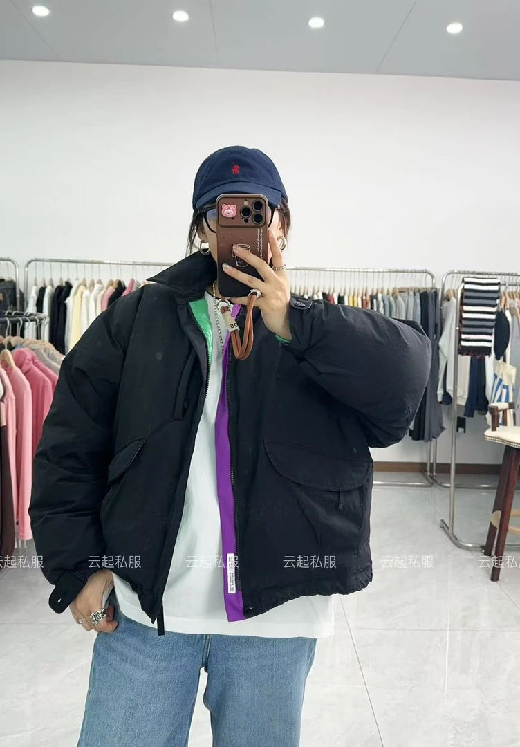 2024冬季新品撞色翻领夹克复古休闲简约外套女