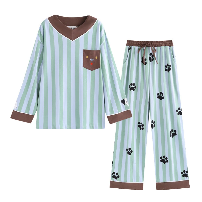 【条纹狗狗爪子】长袖长裤春可爱卡通可外穿纯棉睡衣女士家居服