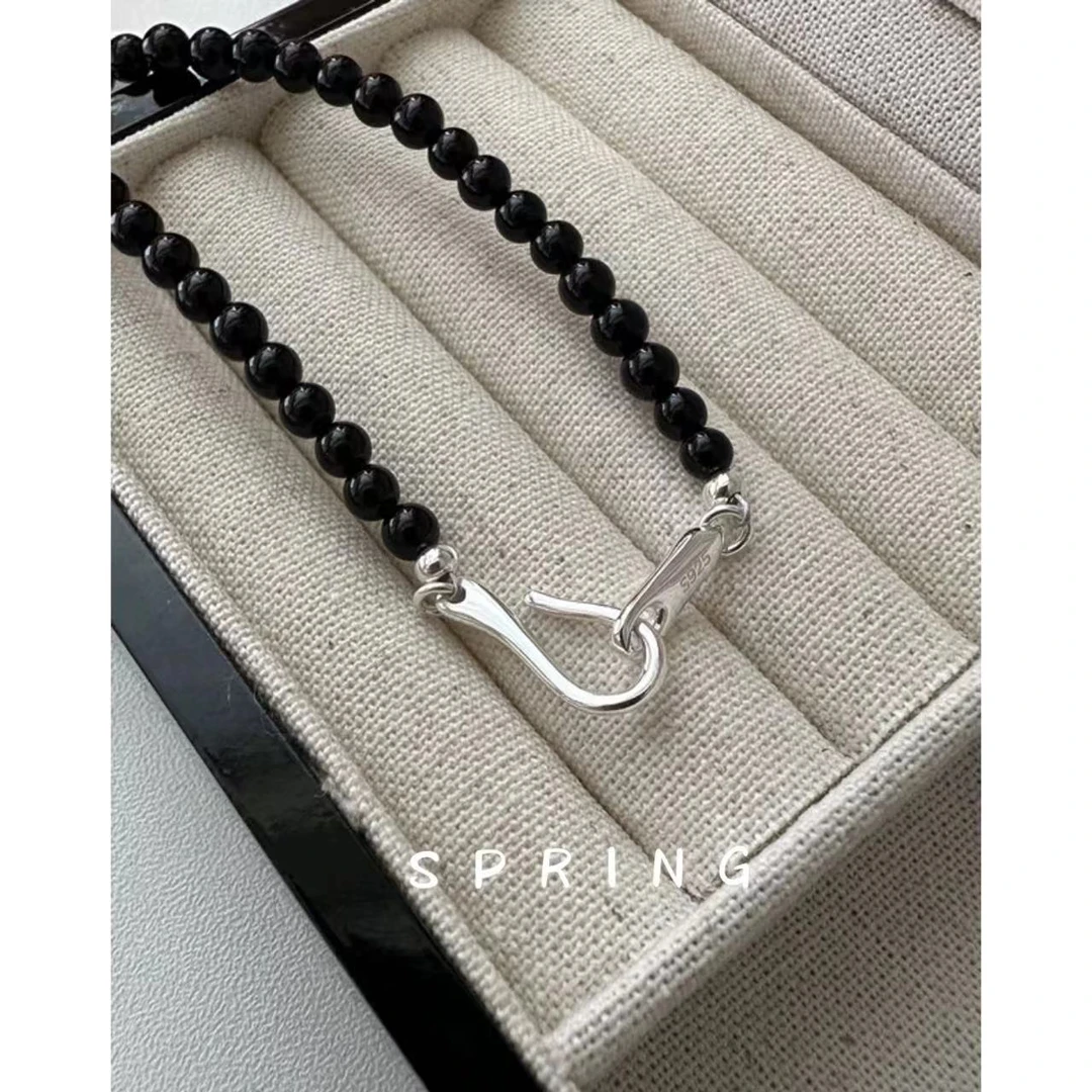 925银 天然黑玛瑙项链卡4m鱼钩扣头设计网红同款