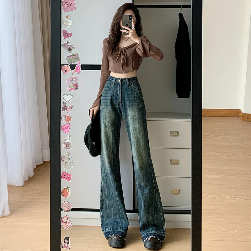 【一颗草莓】美式复古毛边微喇叭牛仔裤高腰辣妹风牛仔裤女K312001