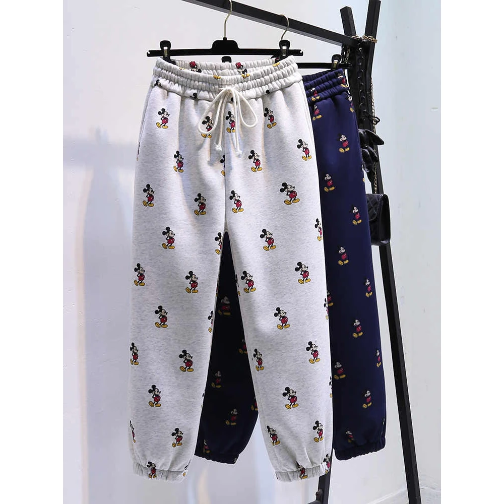 奥特莱斯~专柜大牌米奇印花卫裤子秋冬加绒宽松束脚哈伦运动裤女