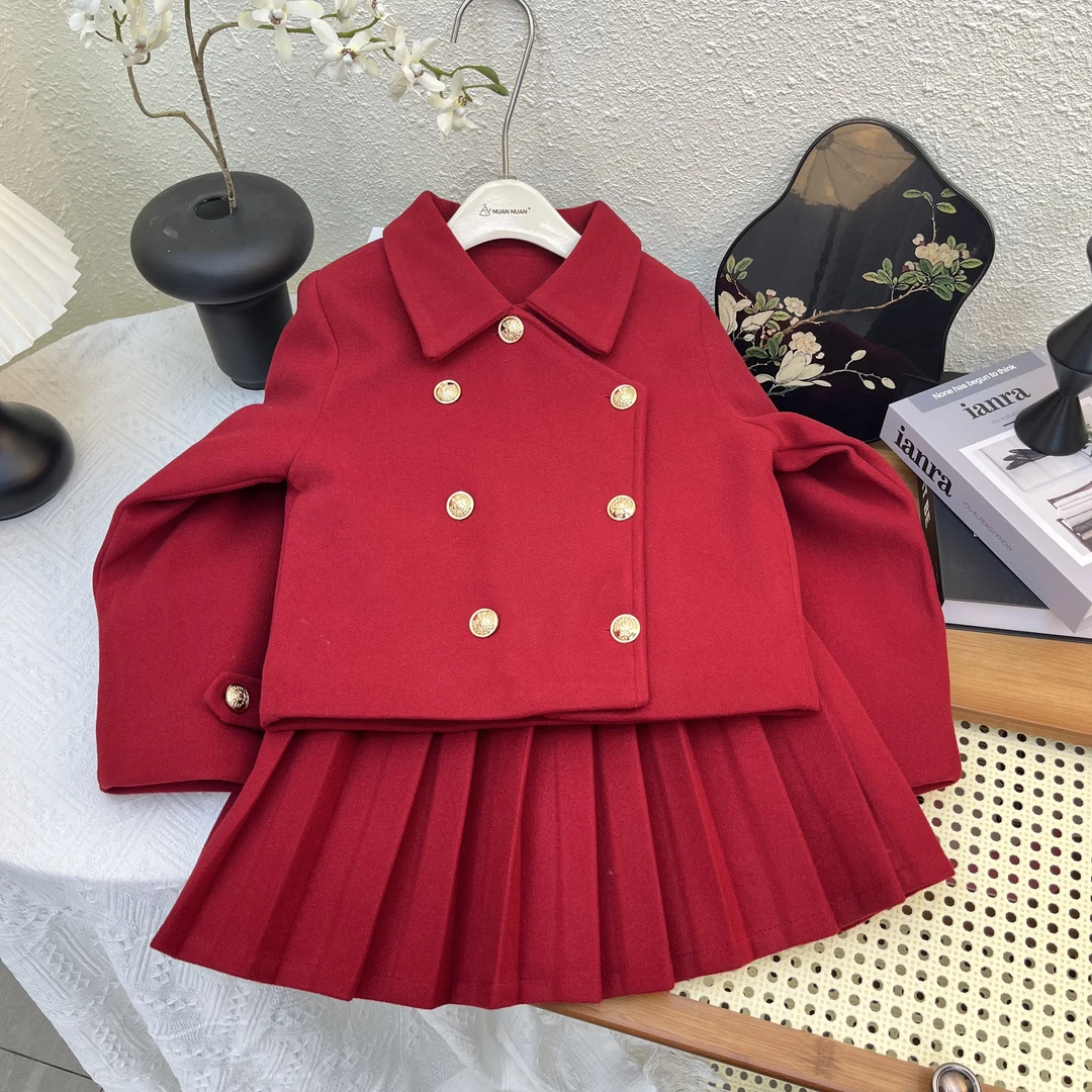 女童红色加棉毛呢百褶裙套装2024新款大童女孩洋气公主秋冬装裙子