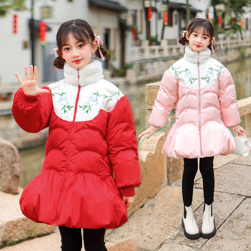 女童冬季加厚棉袄2024新款中大童新年红色拜年服棉衣儿童保暖外套