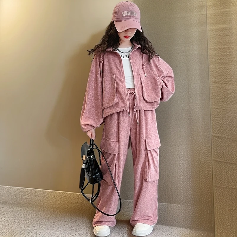 女童连帽工装套装春秋2024新款洋气女孩时髦秋装儿童运动装两件套