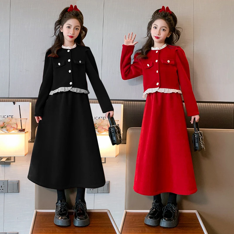 女童套装裙加绒加厚秋冬2023新款洋气时髦小香风中大童年服两件套
