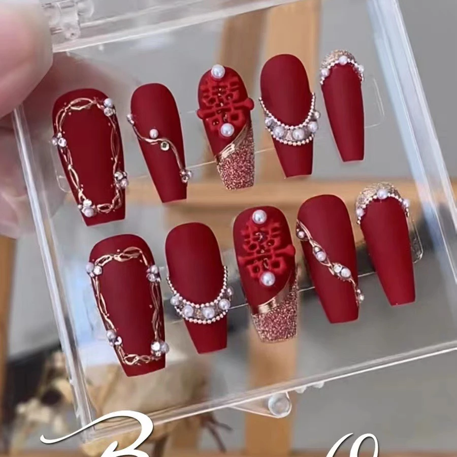 中式婚甲新娘甲纯手工穿戴甲红色国风轻奢长款