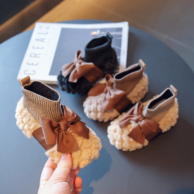 女童袜靴2022秋冬款时尚蝴蝶结甜美小女孩中小童毛毛靴XXJ926