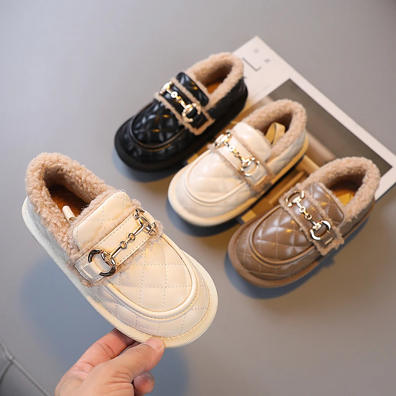 女童棉鞋2022新款冬款公主皮面加绒一脚蹬软底毛毛鞋TPC620