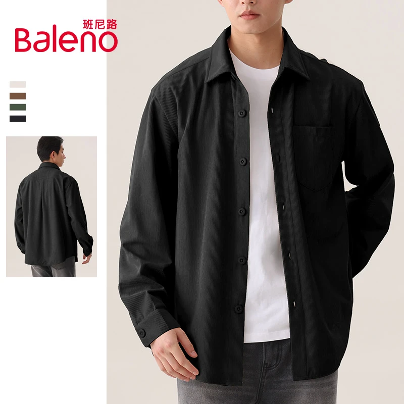 班尼路潮牌港风衬衣男春秋灯芯绒外套宽松休闲翻领男款长袖衬衫X