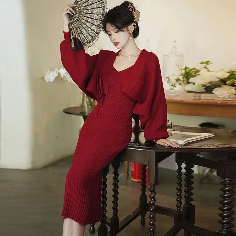 慵懒风系带灯笼袖针织开衫套装女毛衣外套显瘦吊带连衣裙两件套厚