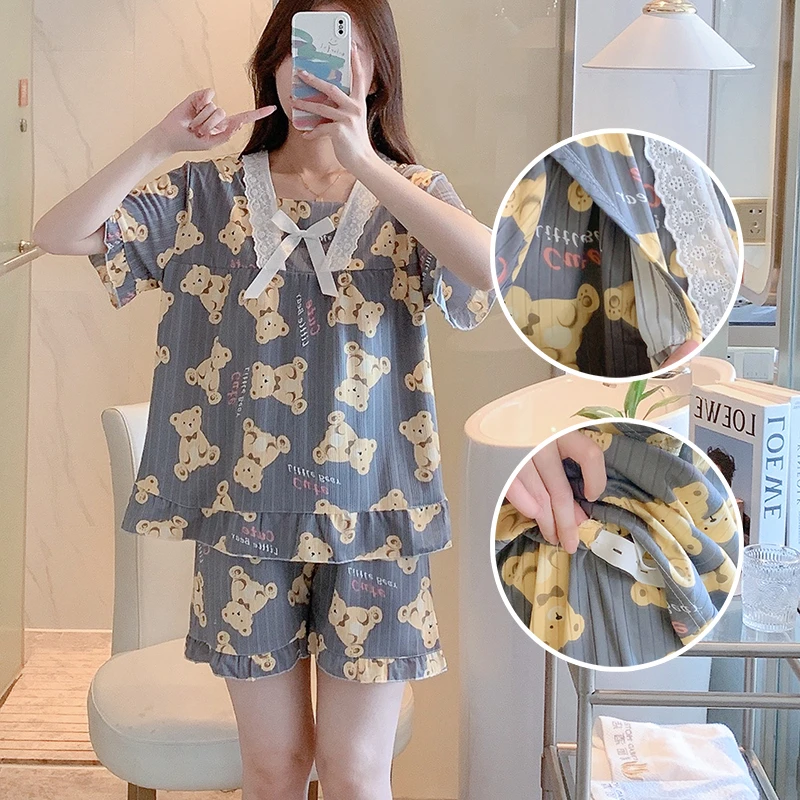 新款短袖哺乳睡衣女夏季两件套网红孕妇装外出喂奶夏天产后月子服