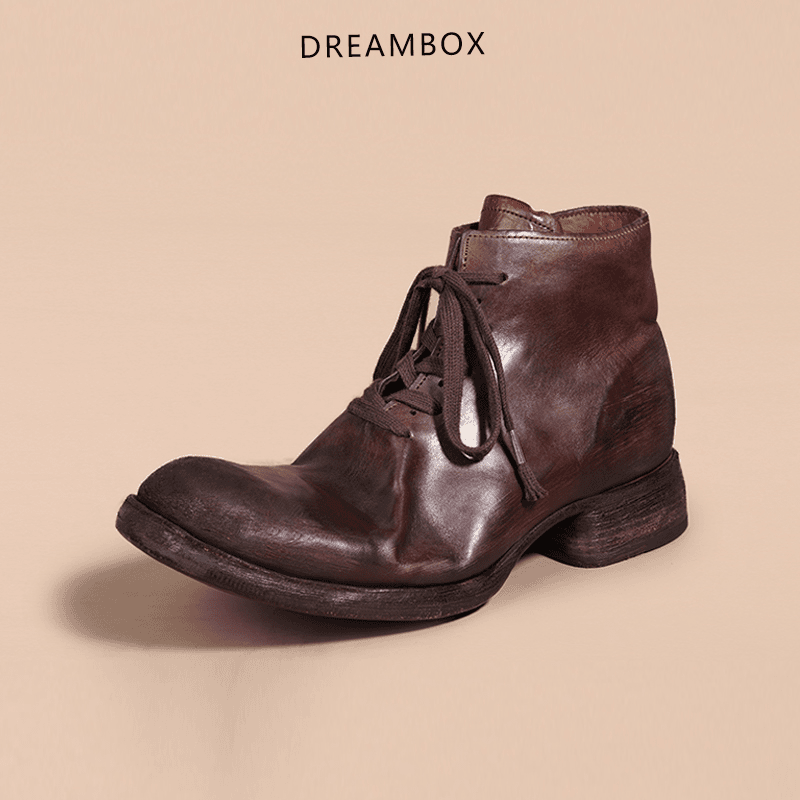 dreambox钧博水洗马皮男士短靴英伦复古做旧皮底翘头棕色马丁靴