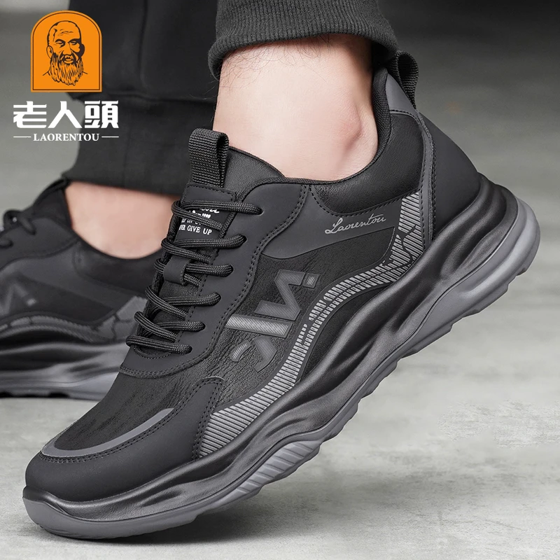 老人头男士运动鞋秋新款软底网面鞋减震跑步鞋防滑黑色休闲鞋男