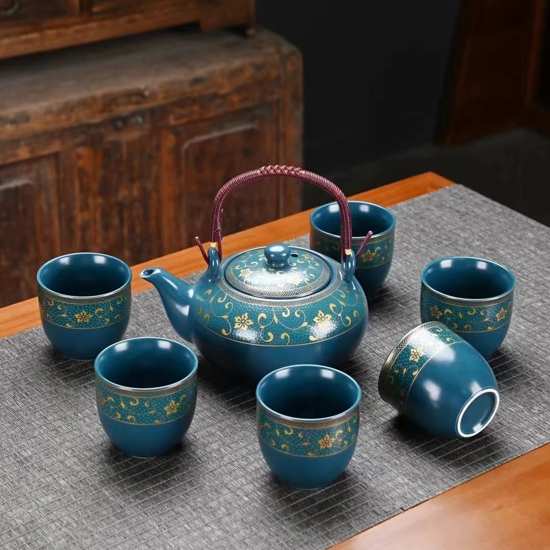 精美提梁壶茶具套装7头家用高档复古陶瓷大容量泡茶茶壶茶杯大号