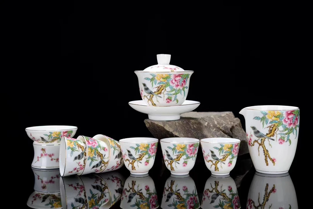 香远溢清茶具套装家用中式高档羊脂玉陶瓷泡茶盖碗描金送礼礼盒装