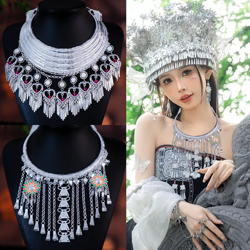 锌合金项链 苗族手工银色项圈女少数民族风项圈侗族苗疆银铃项链