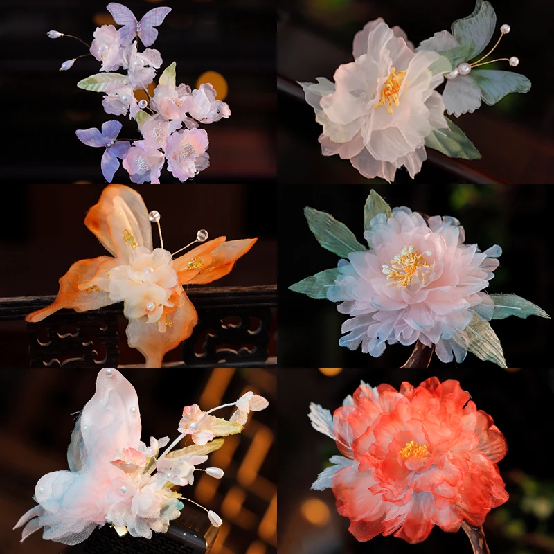 古风汉服美仿真绢纱烫花发夹宫廷造型日常百搭古典花朵发夹配饰