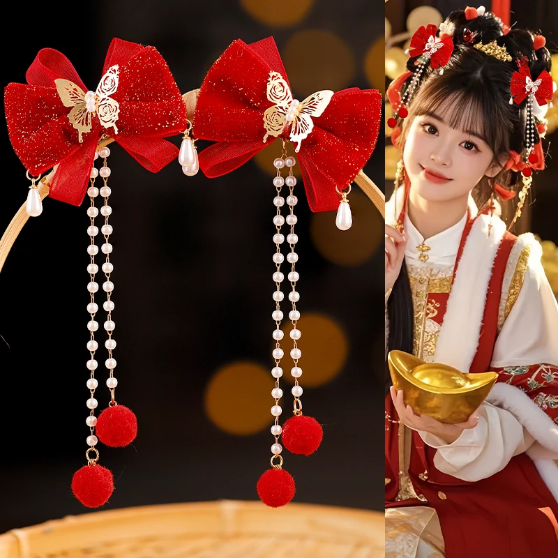 蝴蝶结长流苏新年喜庆发夹日常百搭简约儿童成人头饰发饰可爱元气