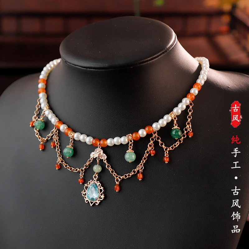 锌合金项链 古风项链珍珠软璎珞明制坦领敦煌项圈汉服百搭百搭