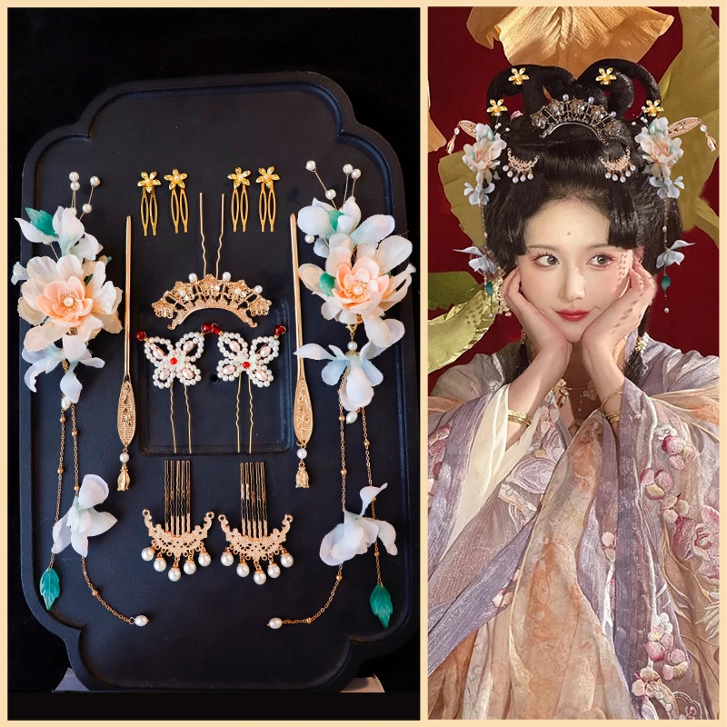 汉服头饰套装唐风明制日常少女发饰复古仿绢花配饰发簪子发冠发钗