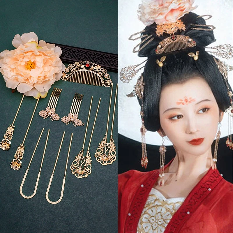 锌合金发饰 古风发饰组合汉服仿真牡丹发簪发梳唐风配饰发钗日常
