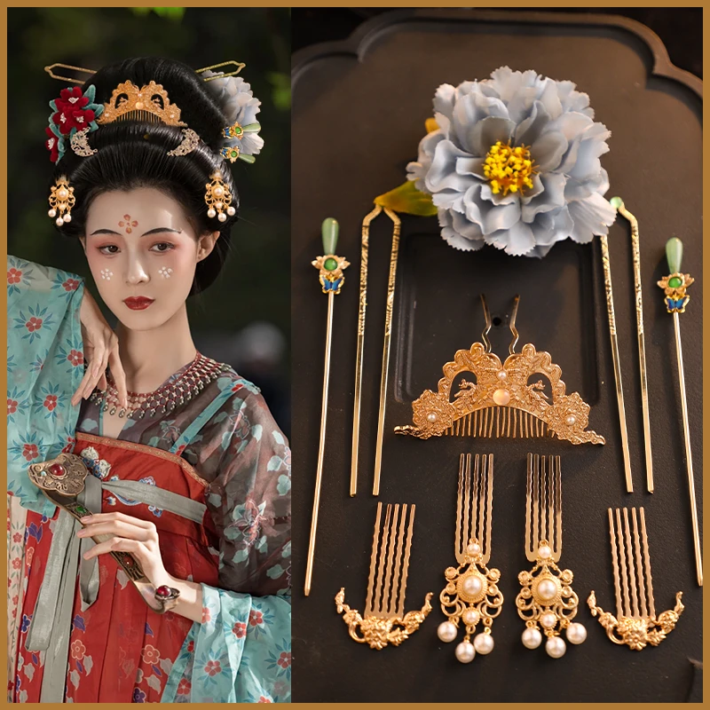 汉服头饰发簪子古装发饰古风仿真牡丹宋发钗唐风套装舞台表演饰品