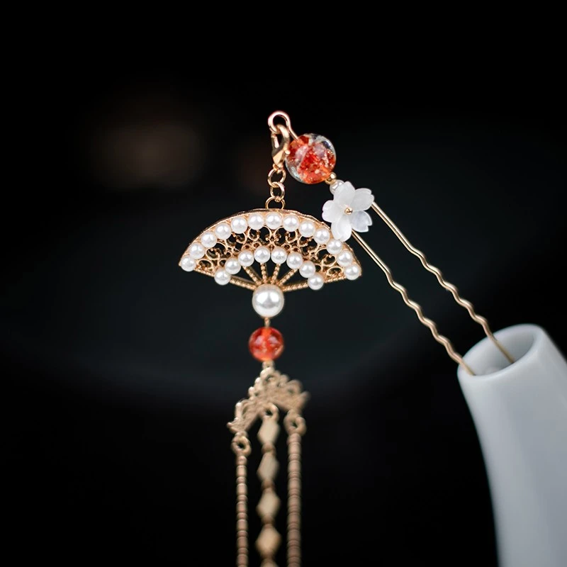 星饰 摆动步摇扇子流苏发簪女夏天高感汉服盘发簪子发钗