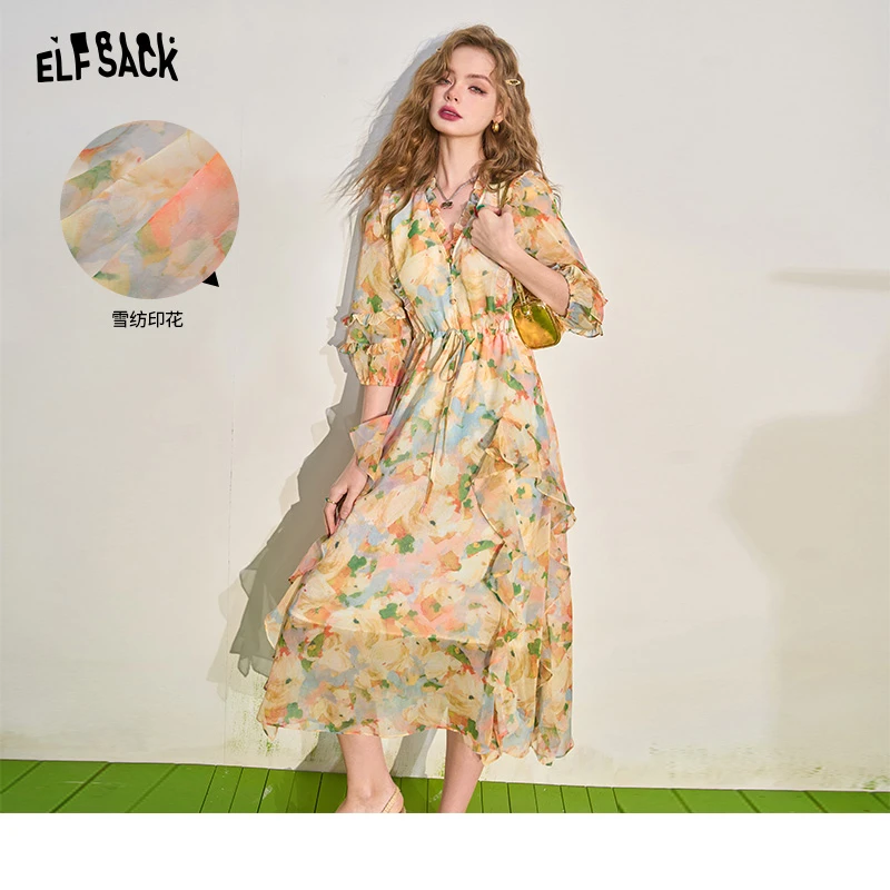 妖精的口袋 温柔黄昏 法式v领收腰碎花连衣裙女2024夏显瘦度假风