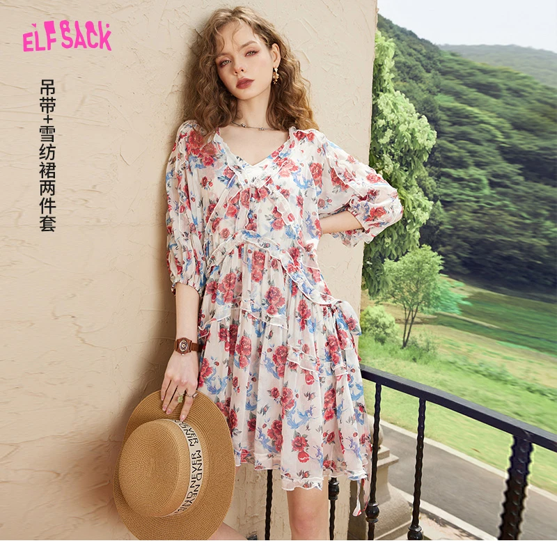 妖精的口袋 庄园酒会 度假风印花雪纺连衣裙2024春夏V领显瘦裙