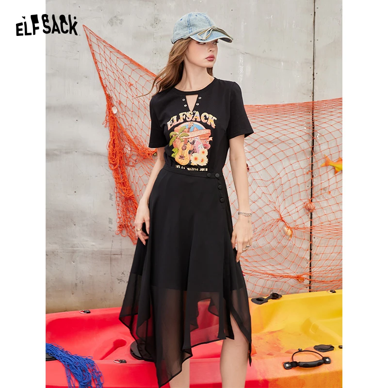 妖精的口袋 爵士周末 可拆卸网纱拼接黑色印花t恤连衣裙女2024春