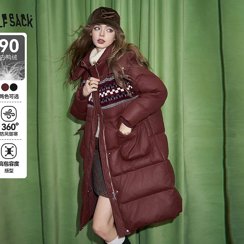 妖精的口袋90白鸭绒长款连帽羽绒服女2024年冬新款美拉德外套百搭