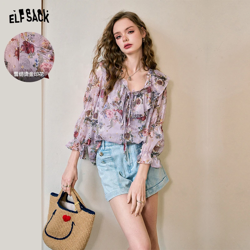 妖精的口袋 夜莺小姐 法式荷叶边烫金印花雪纺衫女2024夏季新款