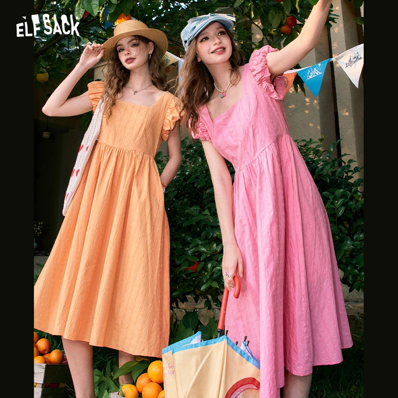 妖精的口袋 夏日绯闻 飞飞袖法式方领连衣裙女2024春季收腰显瘦