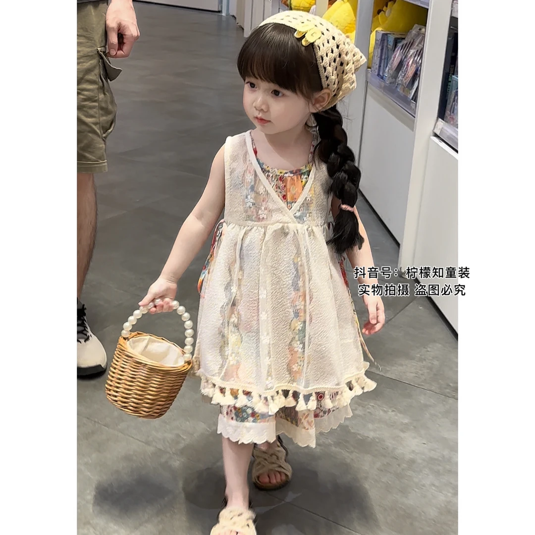 可脱卸童装女童度假风连衣裙夏新款儿童时髦吊带裙网纱背心裙