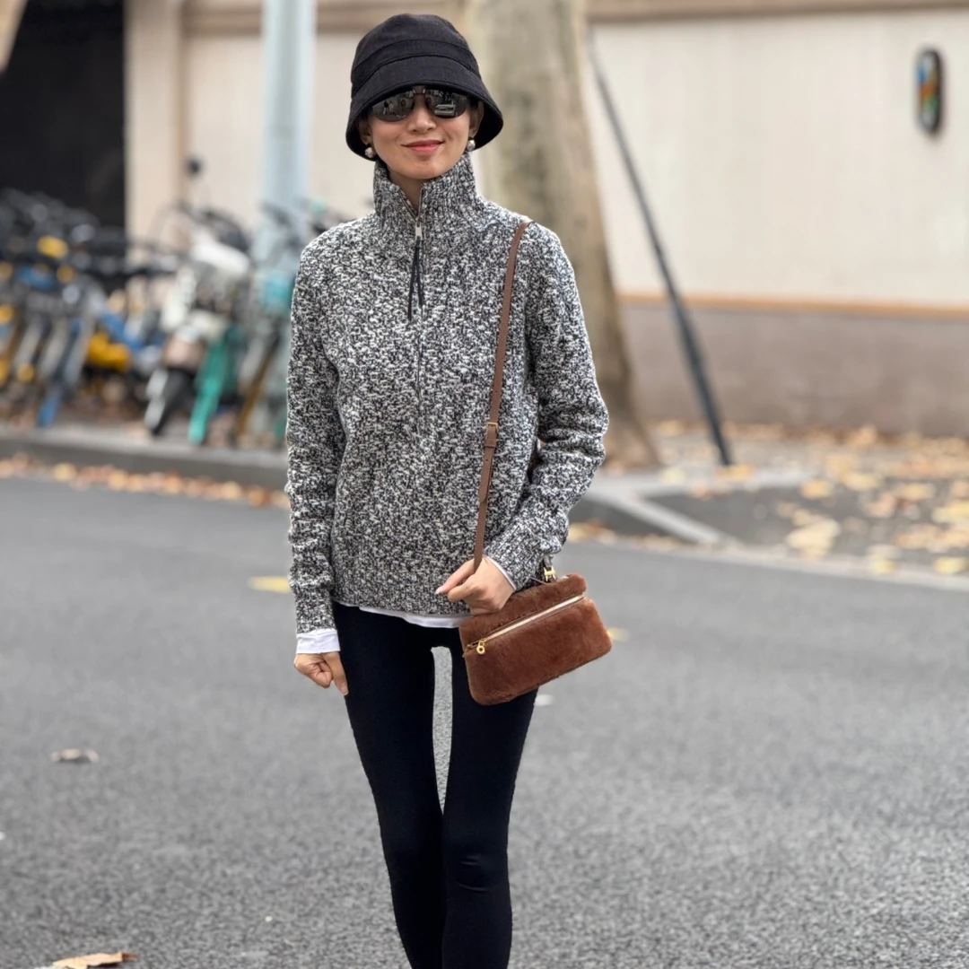 秋冬全羊毛灰白点子沙拉链立领