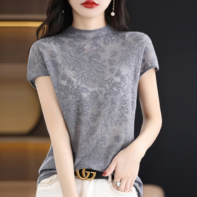 短袖T恤女气质半高领打底衫薄款金丝针织衫镂空蕾丝内搭套头包袖