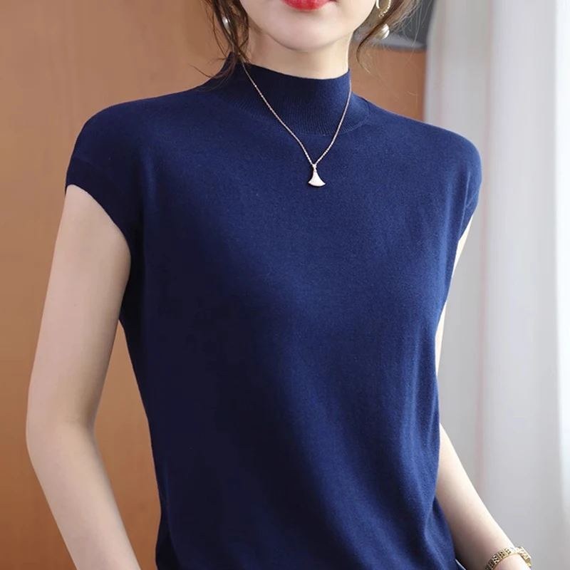 24半高领短袖女新款洋气夏季天丝羊毛中年妇女减龄上衣搭配半身裙