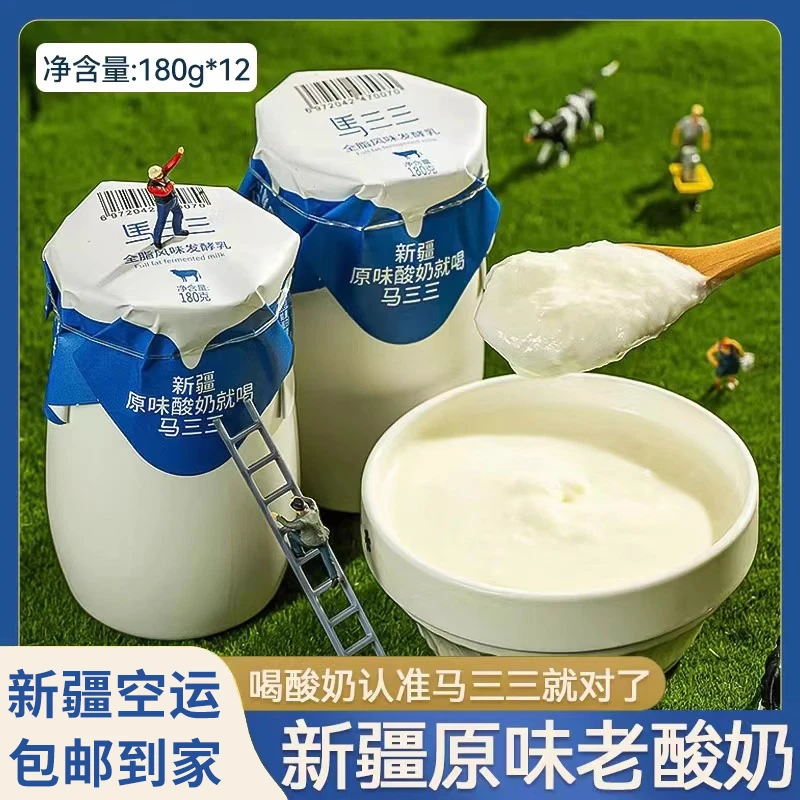 新疆马三三原味老酸奶小白罐益生菌发酵乳儿童学生早餐12杯