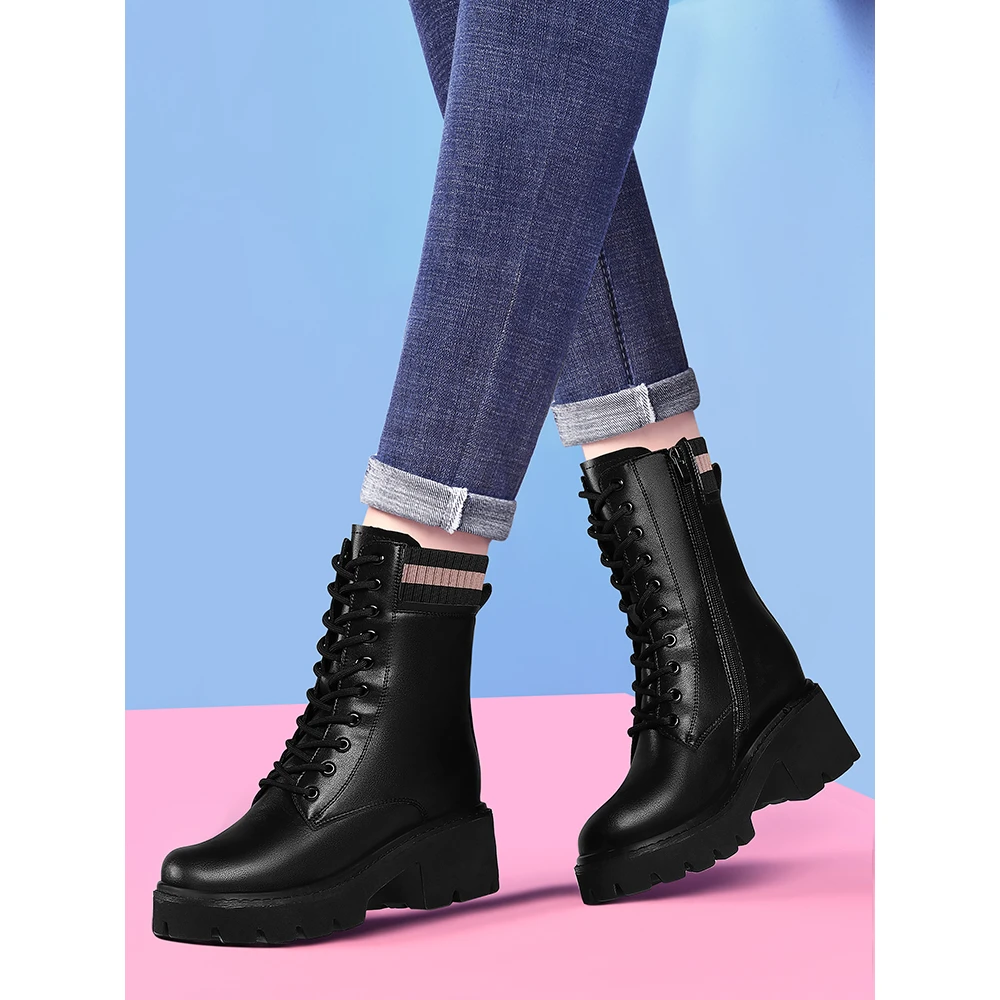 内增高马丁靴女小个子2023年秋冬新款中筒靴棉鞋加绒雪地靴时装靴