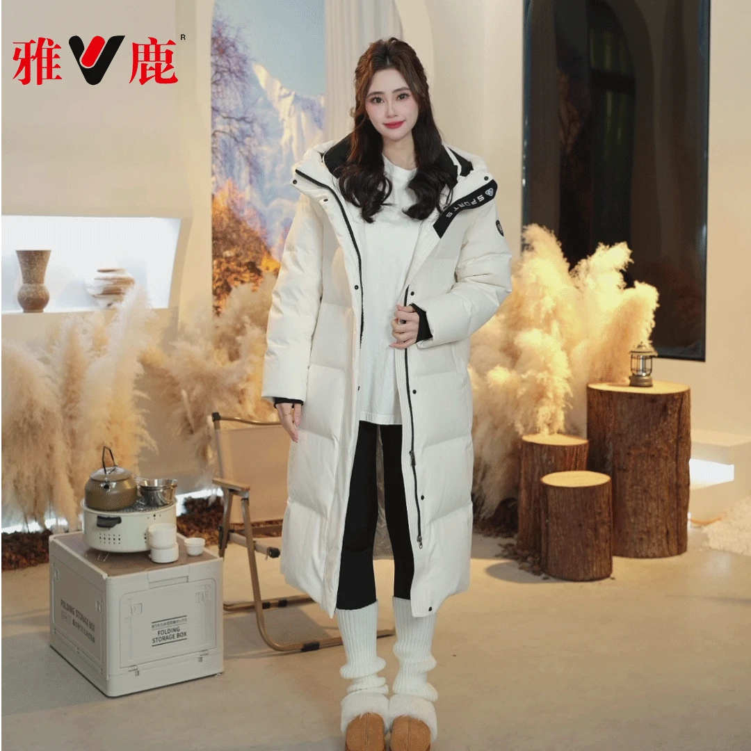 雅鹿 1972中长款羽绒服粉色女2024冬季新款好羽绒白鸭绒加厚外套