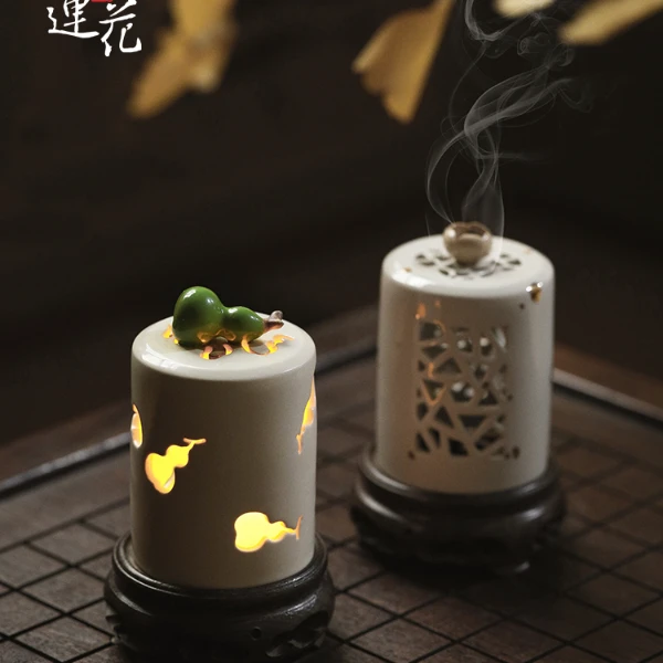 葫芦纳福 福禄安康手工陶瓷烛台 带黑檀木底座 香炉礼物