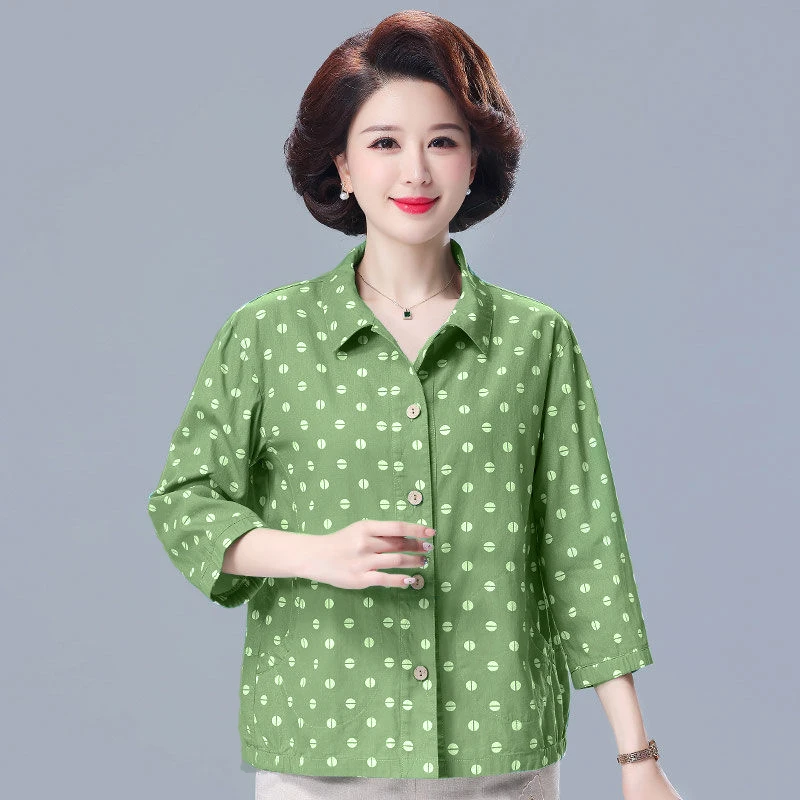 中年妈妈装高档衬衫女大码宽松夏季印花七分袖衬衣洋气百搭韩版衫
