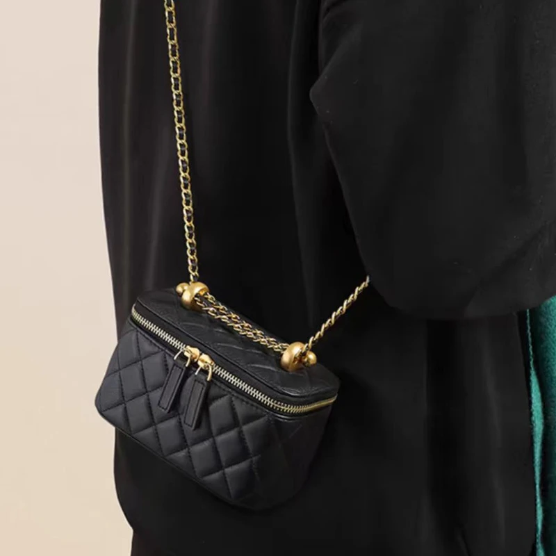 真皮小香风盒子包女菱格链条包2025新款斜挎迷你小方包小众腋下包