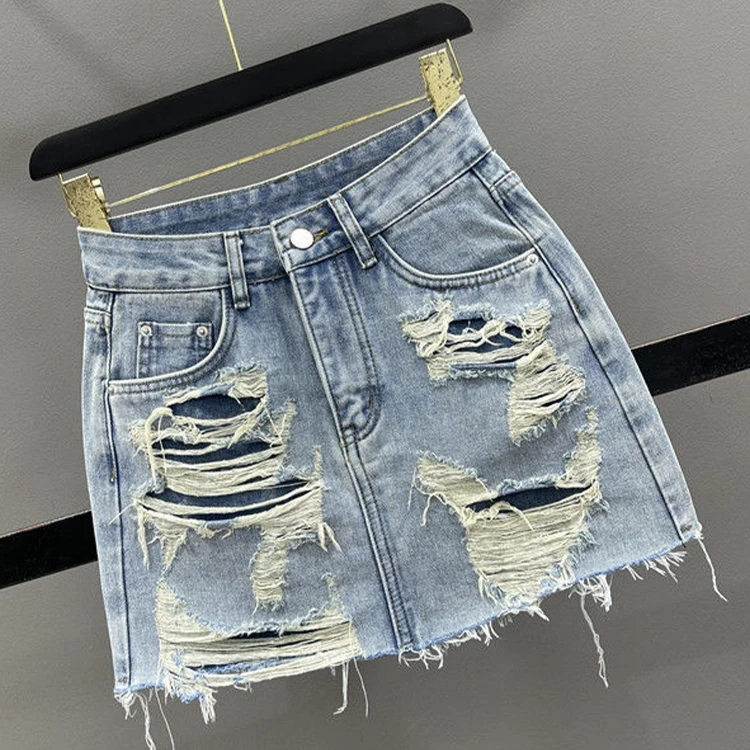 300斤大码女装高街破洞牛仔短裙女夏季个性裙子胖mm显瘦A字包臀裙
