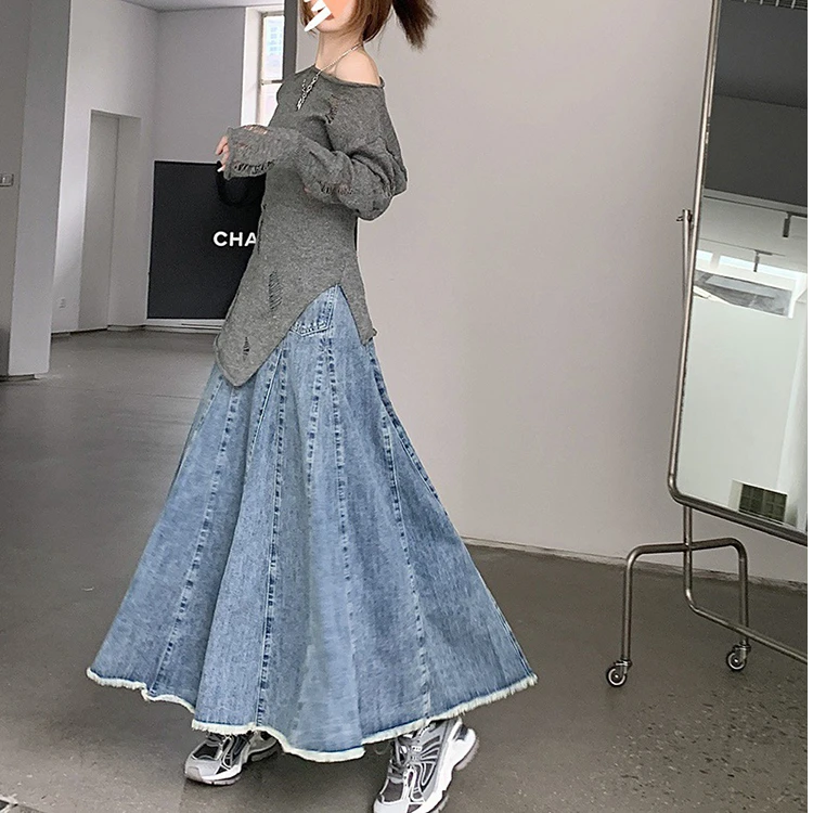 300斤大码女主高腰新款牛仔半身裙女春秋胖mm梨形身材显瘦a字伞裙