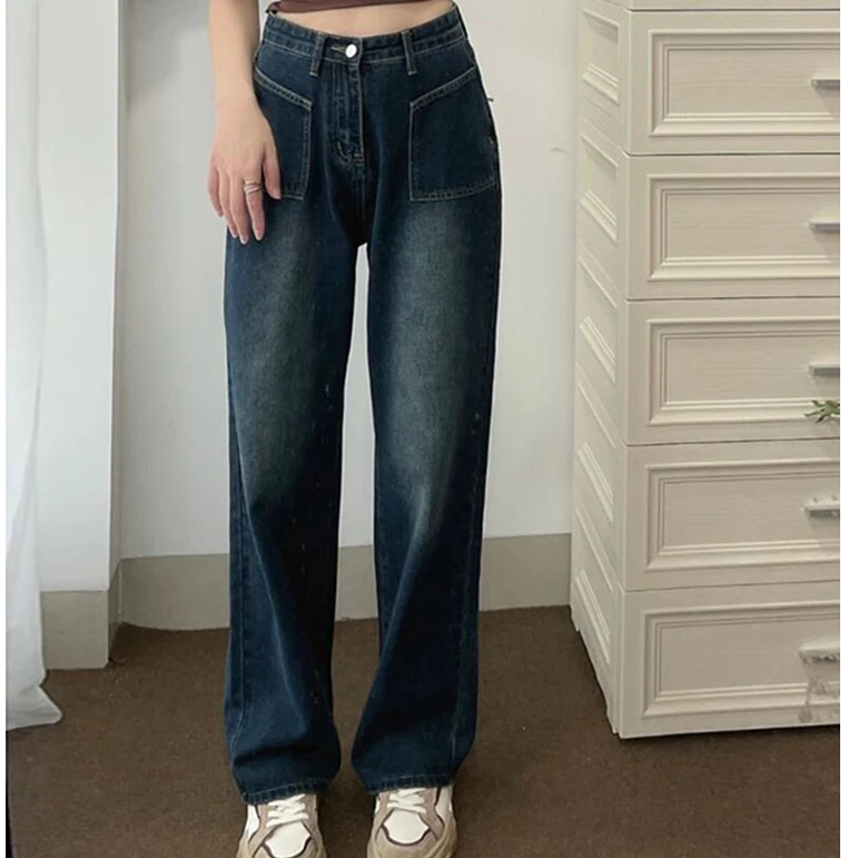 大码300斤胖mm复古直筒高腰春秋宽松显瘦梨型身材窄版阔腿牛仔裤